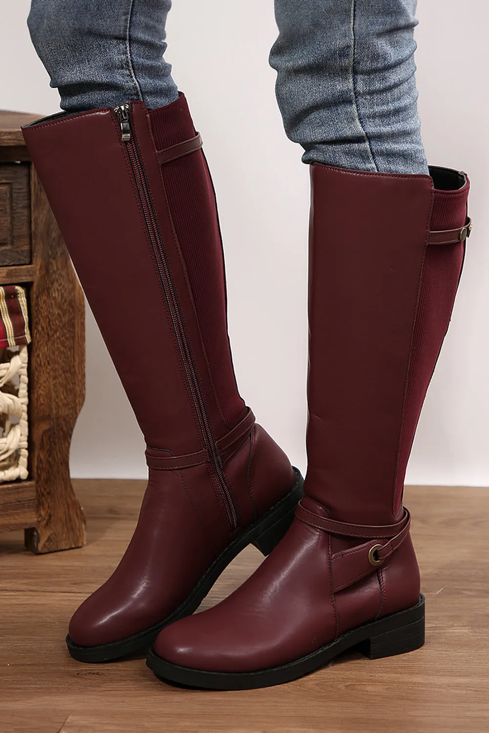 Side Zipper Knee High Chunky Low Heel Boots