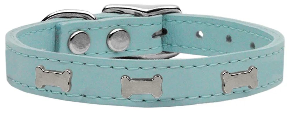 Silver Bone Widget Genuine Leather Dog Collar Baby Blue 12