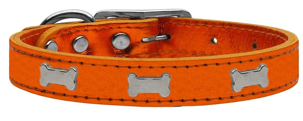 Silver Bone Widget Genuine Metallic Leather Dog Collar Orange 20