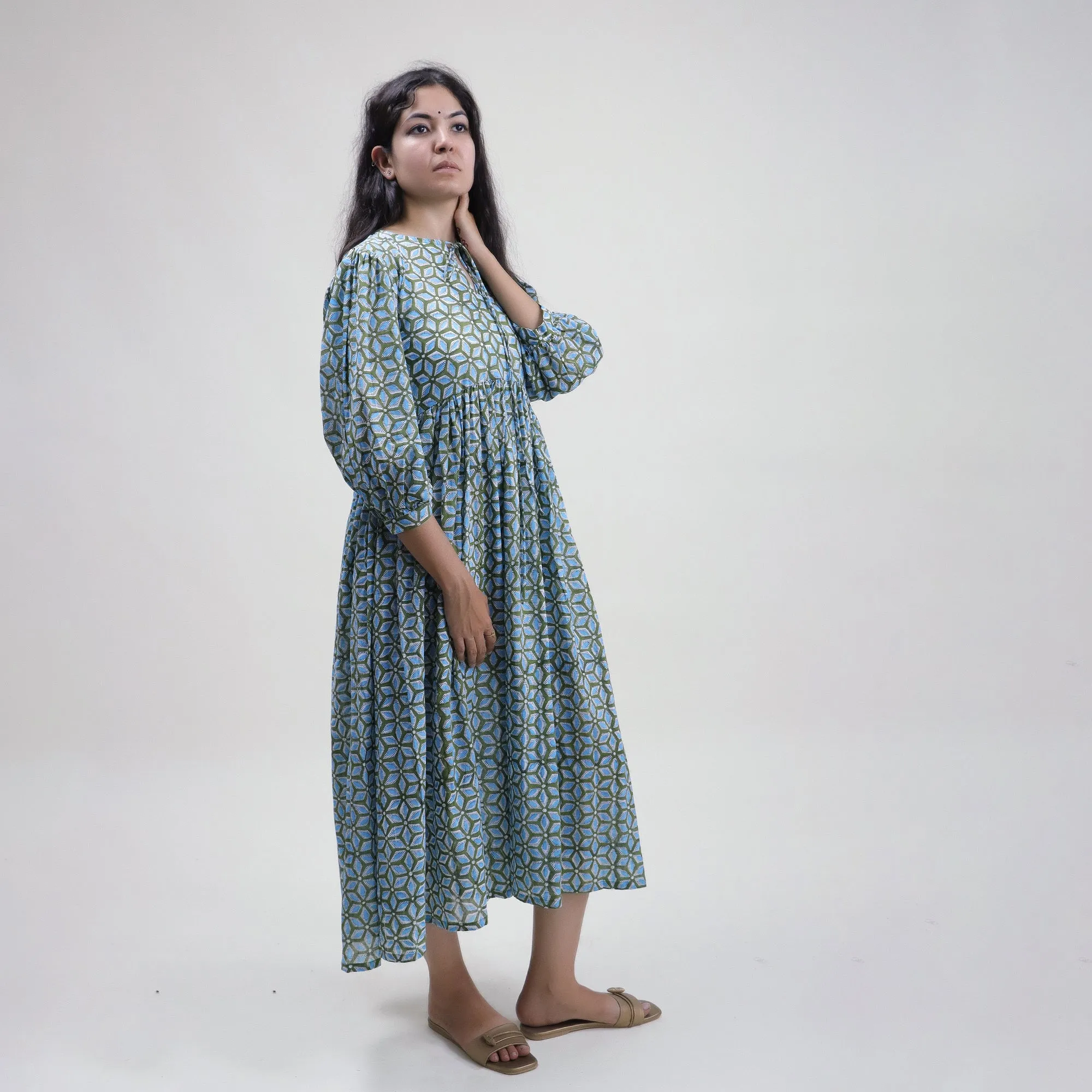 Sky Blue Floral Block Printed Soft Cotton Dress