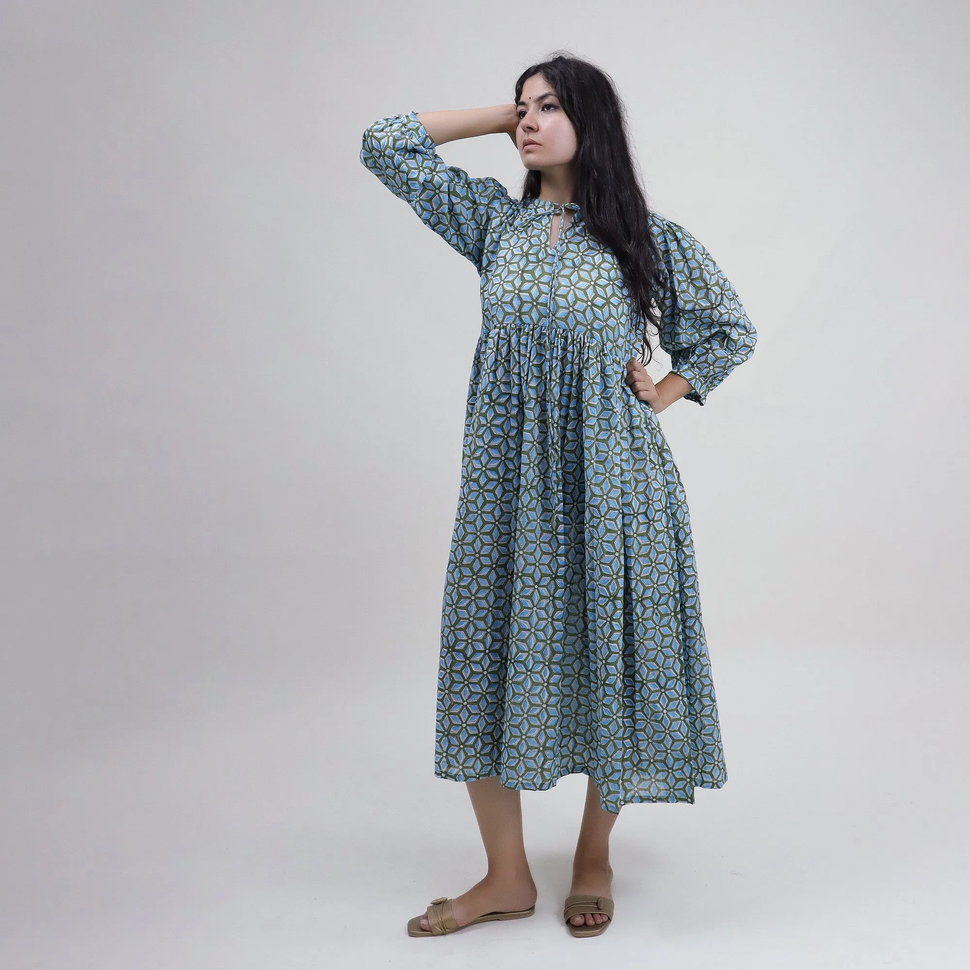 Sky Blue Floral Block Printed Soft Cotton Dress