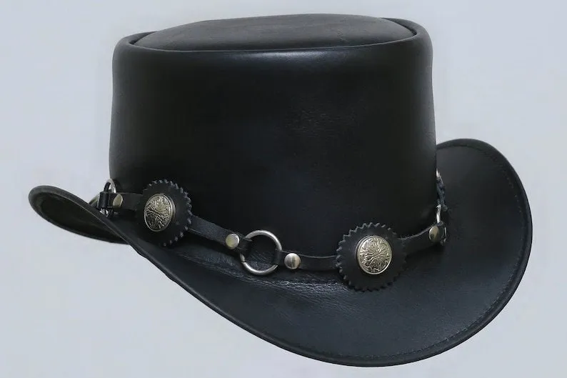 Steampunk El Dorado The Swagger Black Flower Concho Band Leather Top Hat