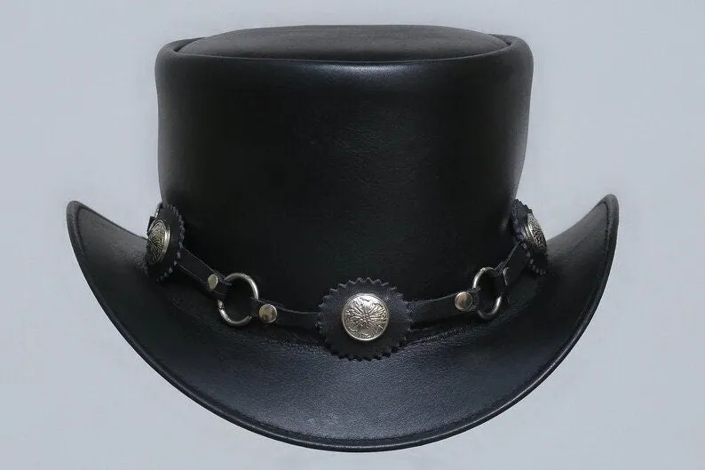 Steampunk El Dorado The Swagger Black Flower Concho Band Leather Top Hat