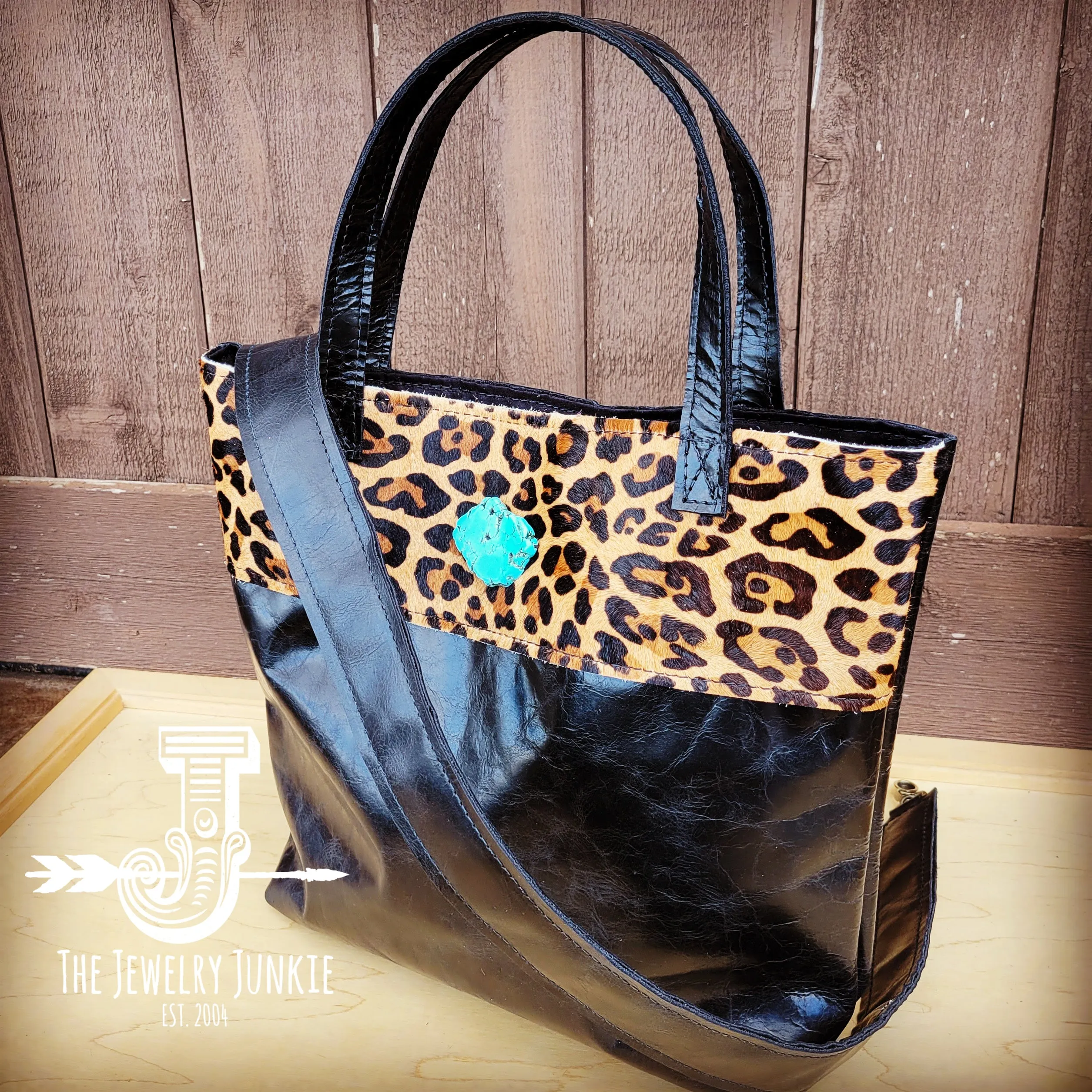 **Tejas Leather Bucket Hide Handbag with Leopard Accent & Turquoise 510i