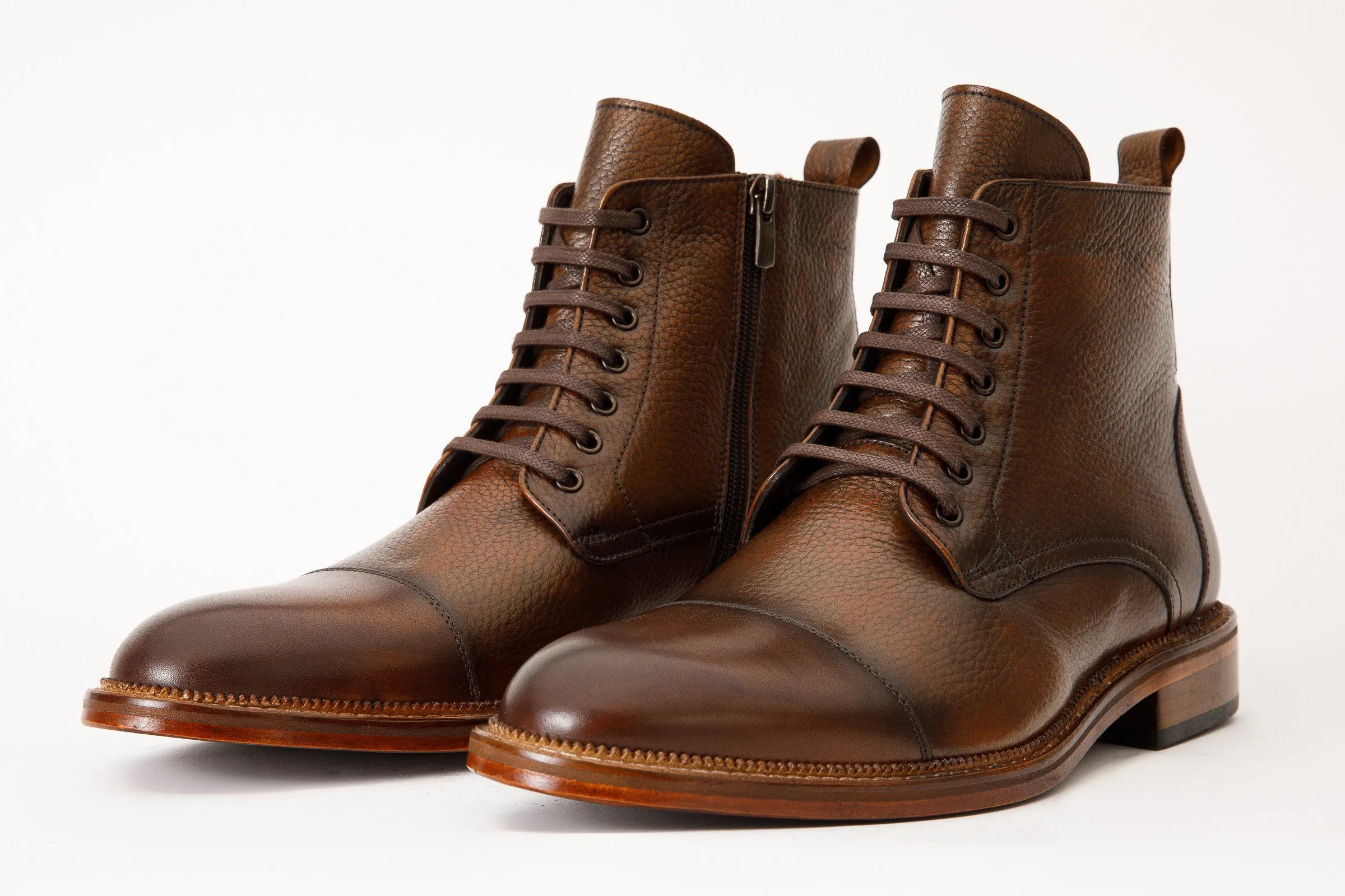 The Bothey Brown Leather Cap-Toe Lace-up Men Boot with a Zipper