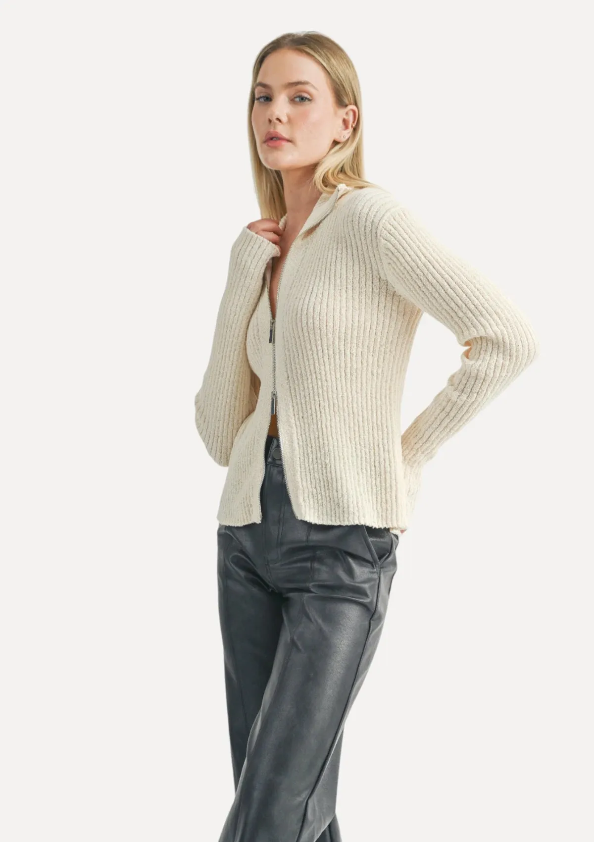 Tori Ribbed Zip-Up Cardigan - Ivory