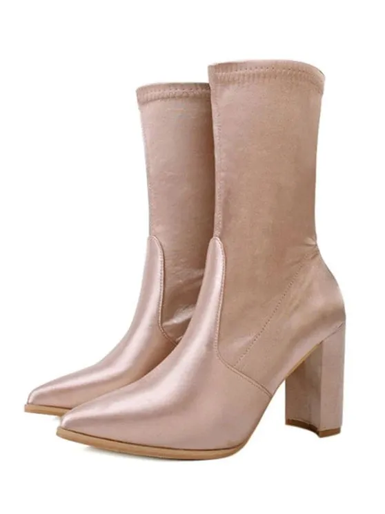 Trendy Pointed Toe Satin Chunky Heel Boots