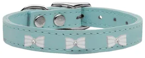 White Bow Widget Genuine Leather Dog Collar Baby Blue 24