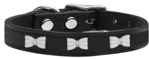 White Bow Widget Genuine Leather Dog Collar Black 10