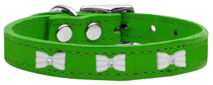 White Bow Widget Genuine Leather Dog Collar Emerald Green 24