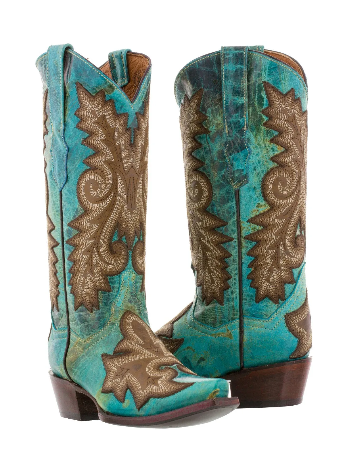 Women's Ancona Turquoise Overlay Leather Cowgirl Boots Snip Toe