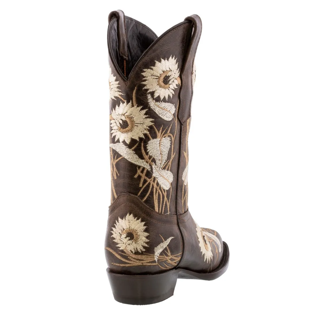 Womens Brown Western Boots Sunflower Embroidered Leather - Square Toe