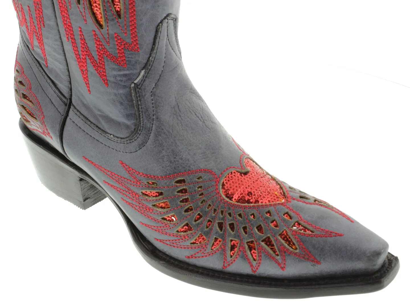 Womens Denim Blue Cowboy Boots Red Heart & Wings Sequins - Snip Toe