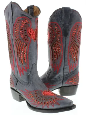 Womens Denim Blue Cowboy Boots Red Heart & Wings Sequins - Snip Toe