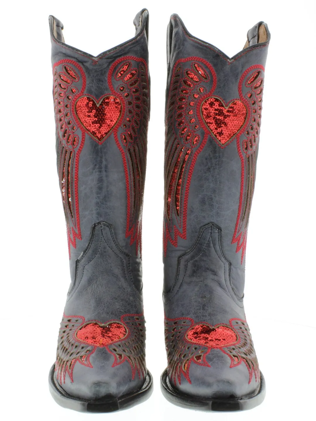 Womens Denim Blue Cowboy Boots Red Heart & Wings Sequins - Snip Toe