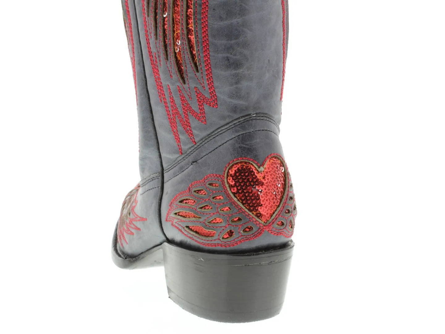 Womens Denim Blue Cowboy Boots Red Heart & Wings Sequins - Snip Toe