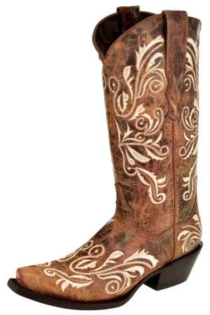 Womens Granada Cognac Cowboy Boots Swan Embroidered - Snip Toe