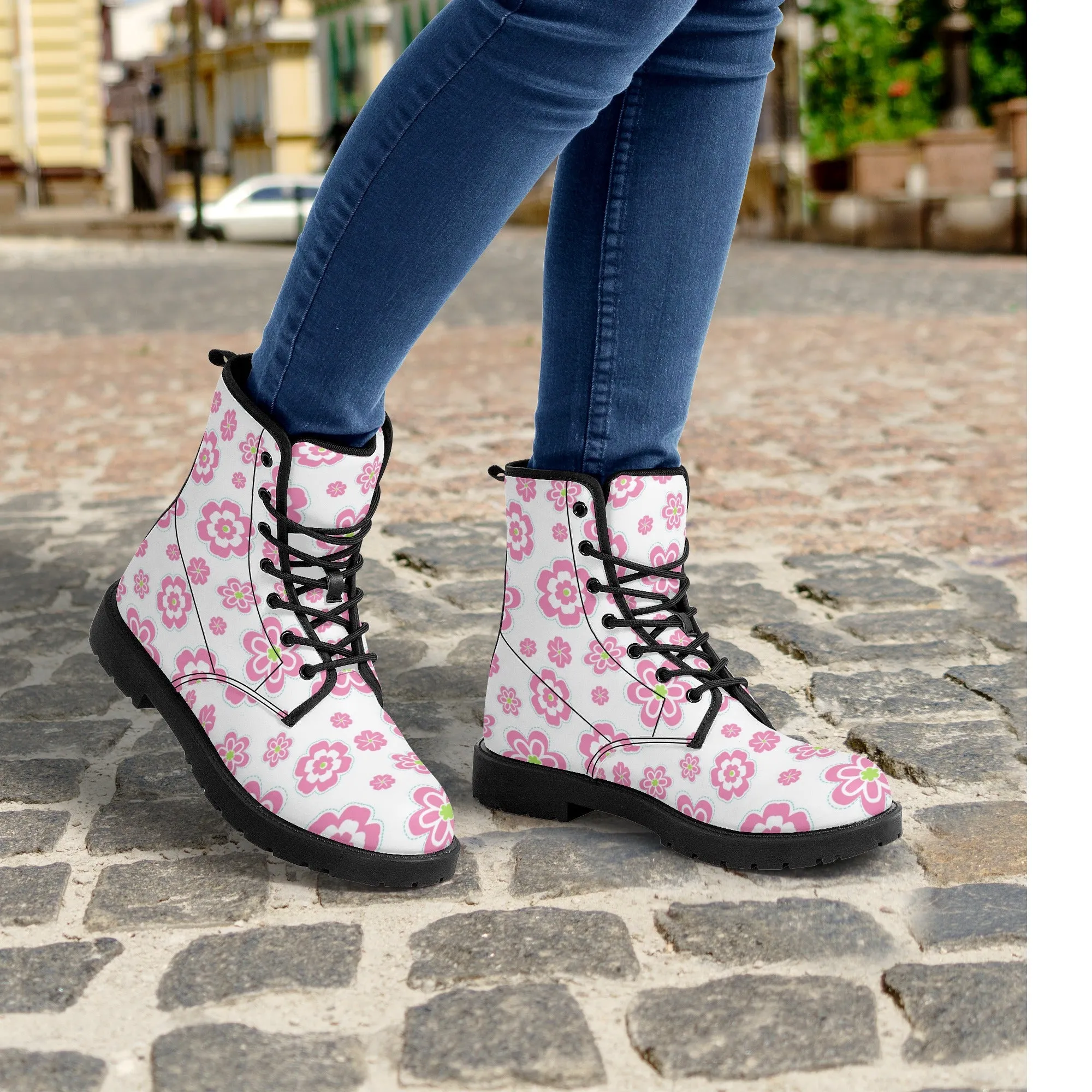 Womens Retro Pink Flowers Boots