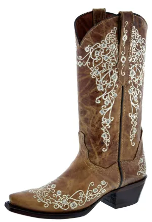 Womens Stella Honey Brown Leather Cowboy Boots - Snip Toe