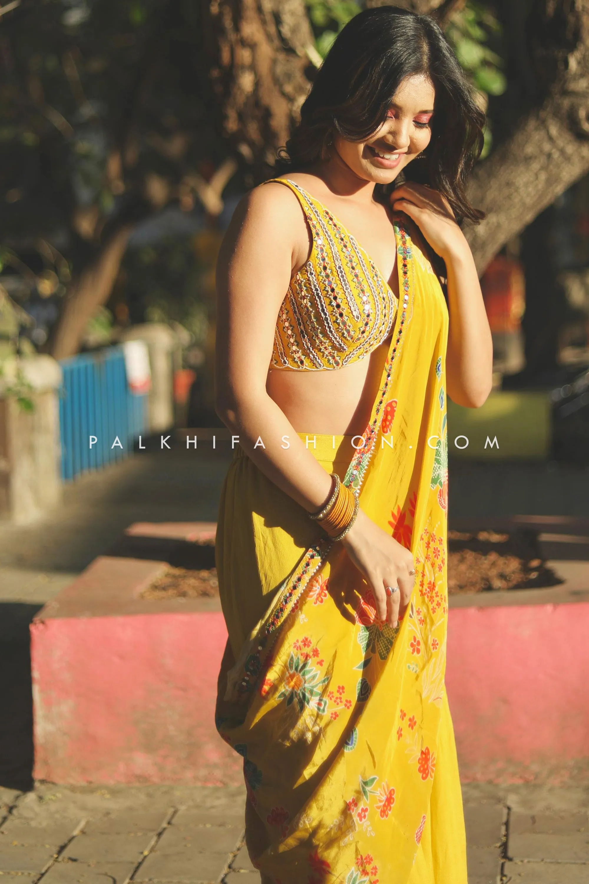 Yellow color Crop top Palazzo Outfit With Pre Pleated Dupatta