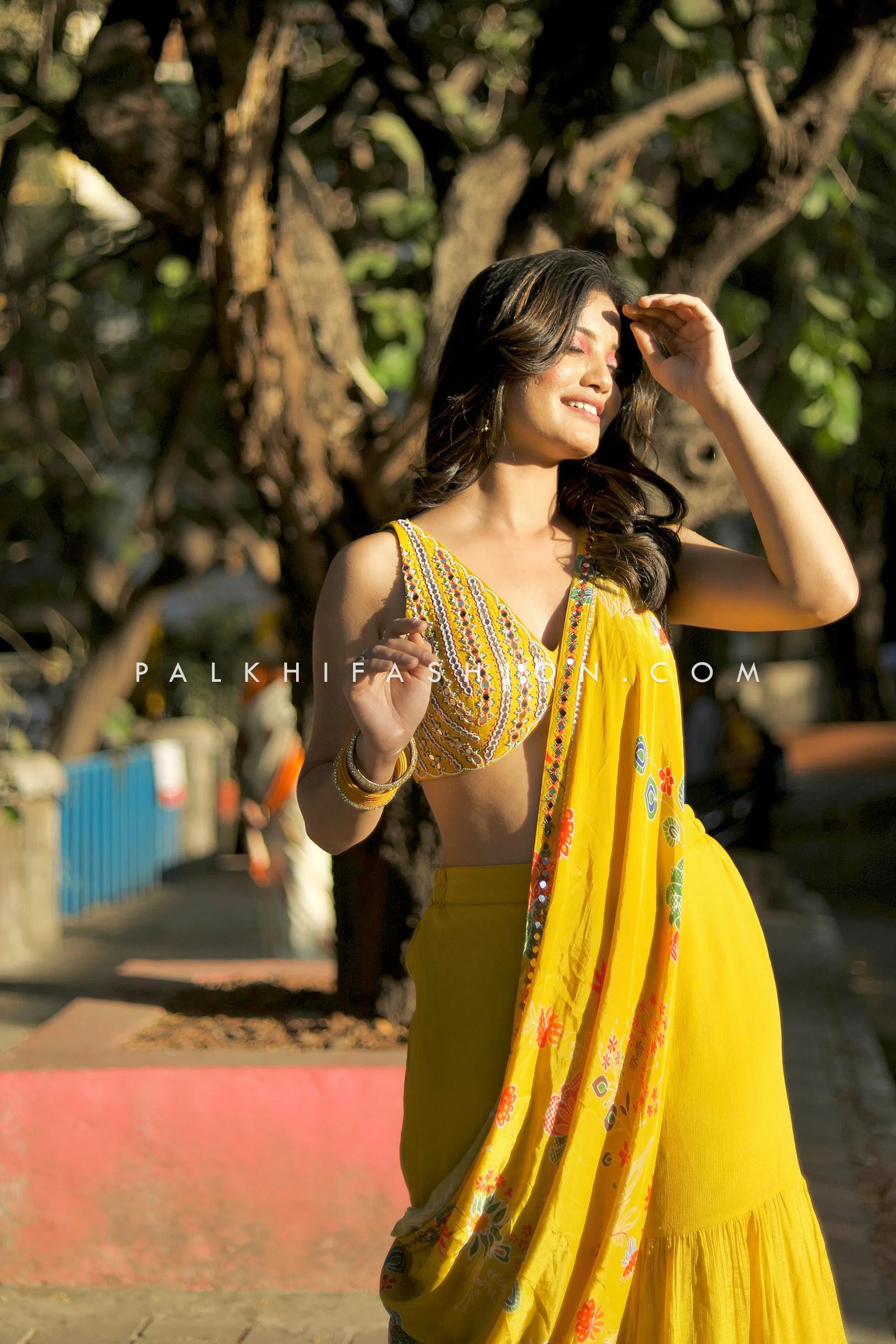 Yellow color Crop top Palazzo Outfit With Pre Pleated Dupatta