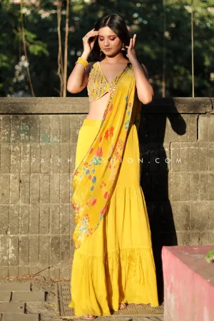 Yellow color Crop top Palazzo Outfit With Pre Pleated Dupatta